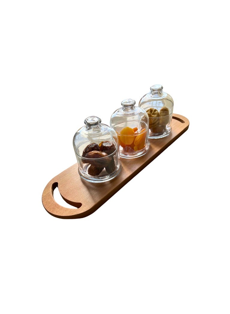 Basic Glass Dates 3 Bowls -(9cm) 230ml + Wooden Tray - Image 1