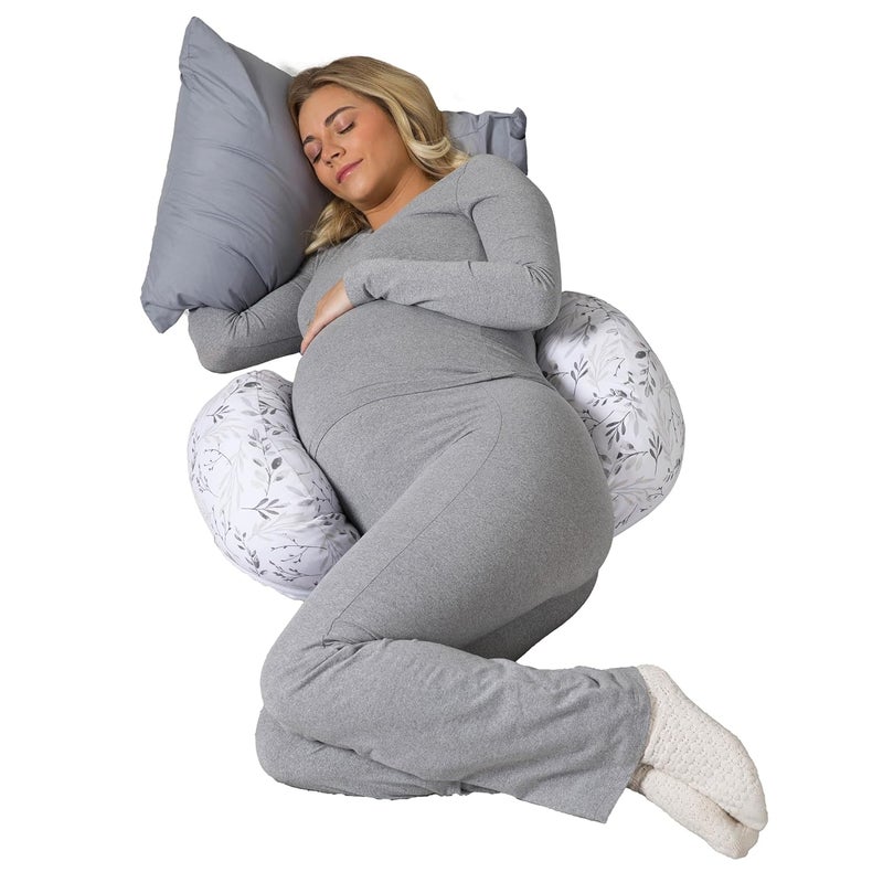 Boppy Side Sleeper Pregnancy Pillow Gray Falling Leaves Portable Supportive Pregnancy Pillows for Sleeping on Your Side StayPut Design with Stretchy Center Panel That Grows with Your Bump - Image 1