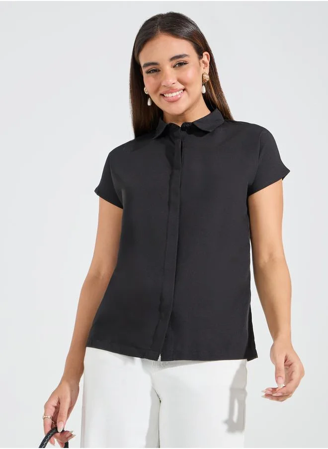 Styli Solid Button Down Collared Shirt with Extended Sleeves