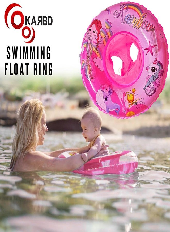 KARBD Swimming Ring with Air Pump Inflatable Cartoon Print Baby Floater for Kids 3-7 Years Boys Girls Swim Safety Pool Tube with Float Seat Leg Holes and Handles - Pink Colour Rainbow Design - Image 5