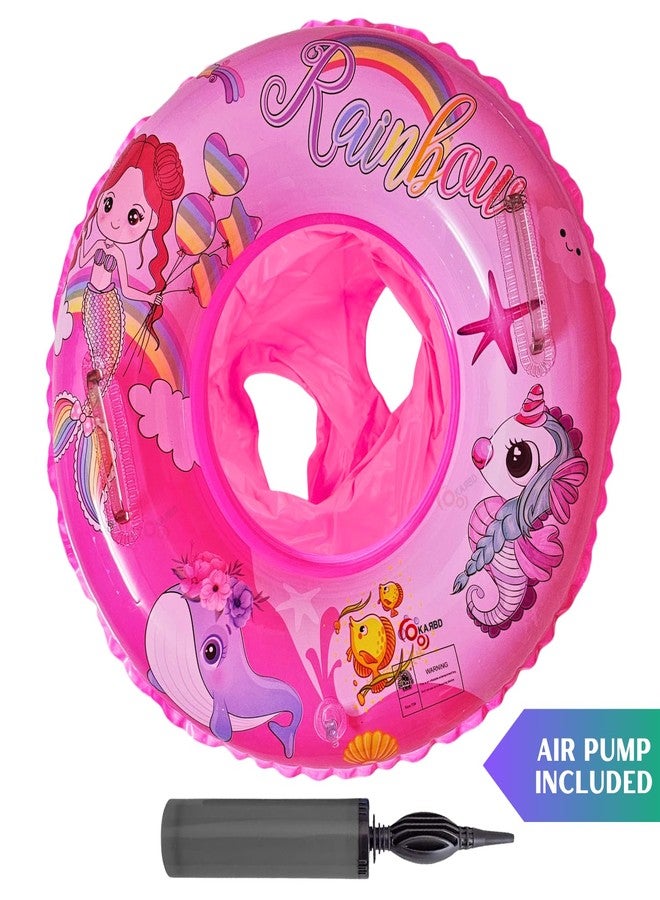 KARBD Swimming Ring with Air Pump Inflatable Cartoon Print Baby Floater for Kids 3-7 Years Boys Girls Swim Safety Pool Tube with Float Seat Leg Holes and Handles - Pink Colour Rainbow Design - Image 2