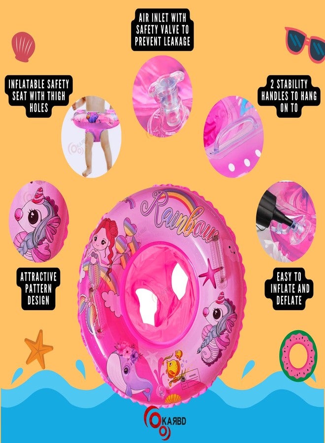 KARBD Swimming Ring with Air Pump Inflatable Cartoon Print Baby Floater for Kids 3-7 Years Boys Girls Swim Safety Pool Tube with Float Seat Leg Holes and Handles - Pink Colour Rainbow Design - Image 3