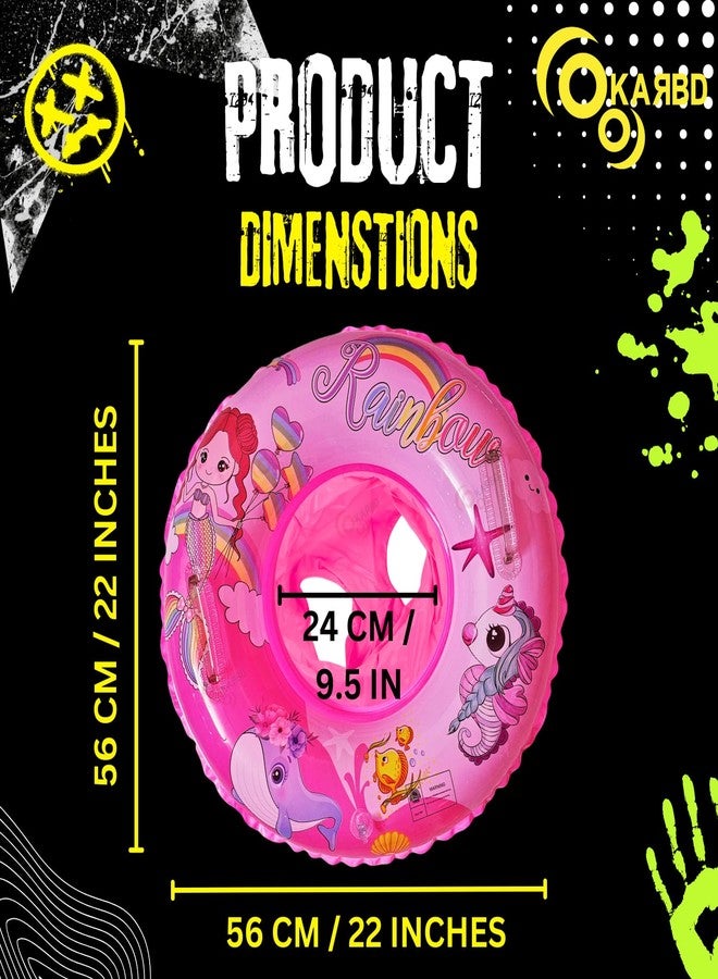 KARBD Swimming Ring with Air Pump Inflatable Cartoon Print Baby Floater for Kids 3-7 Years Boys Girls Swim Safety Pool Tube with Float Seat Leg Holes and Handles - Pink Colour Rainbow Design - Image 4