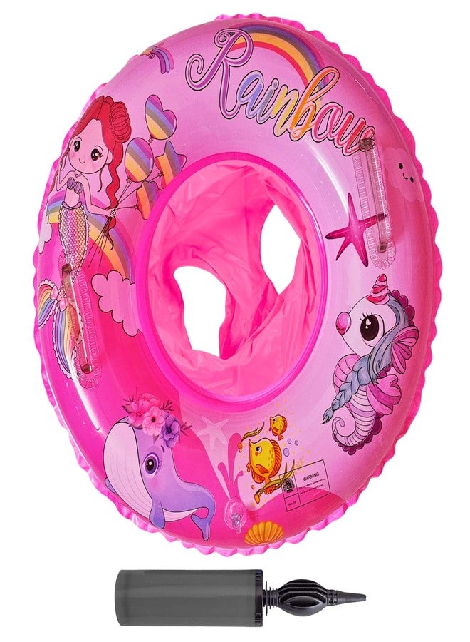 KARBD Swimming Ring with Air Pump Inflatable Cartoon Print Baby Floater for Kids 3-7 Years Boys Girls Swim Safety Pool Tube with Float Seat Leg Holes and Handles - Pink Colour Rainbow Design - Image 1
