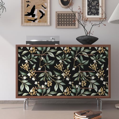 VOLEAAR Dark Peel and Stick Wallpaper Vintage – Dark Green Leaf Removable Self-Adhesive Vinyl for Bathroom Bedroom Kitchen Drawer Cabinet, Black Green Gold Floral Wall Decor Retro Style 17.5" x 118" - Image 2