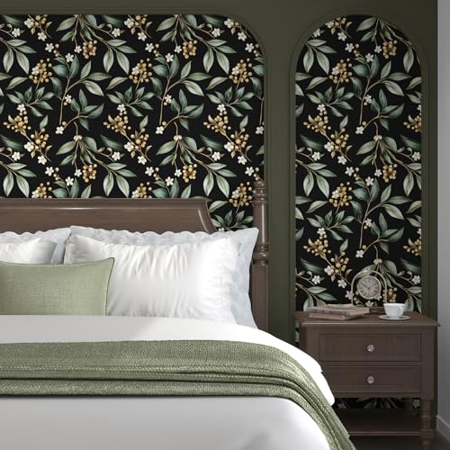 VOLEAAR Dark Peel and Stick Wallpaper Vintage – Dark Green Leaf Removable Self-Adhesive Vinyl for Bathroom Bedroom Kitchen Drawer Cabinet, Black Green Gold Floral Wall Decor Retro Style 17.5" x 118" - Image 5