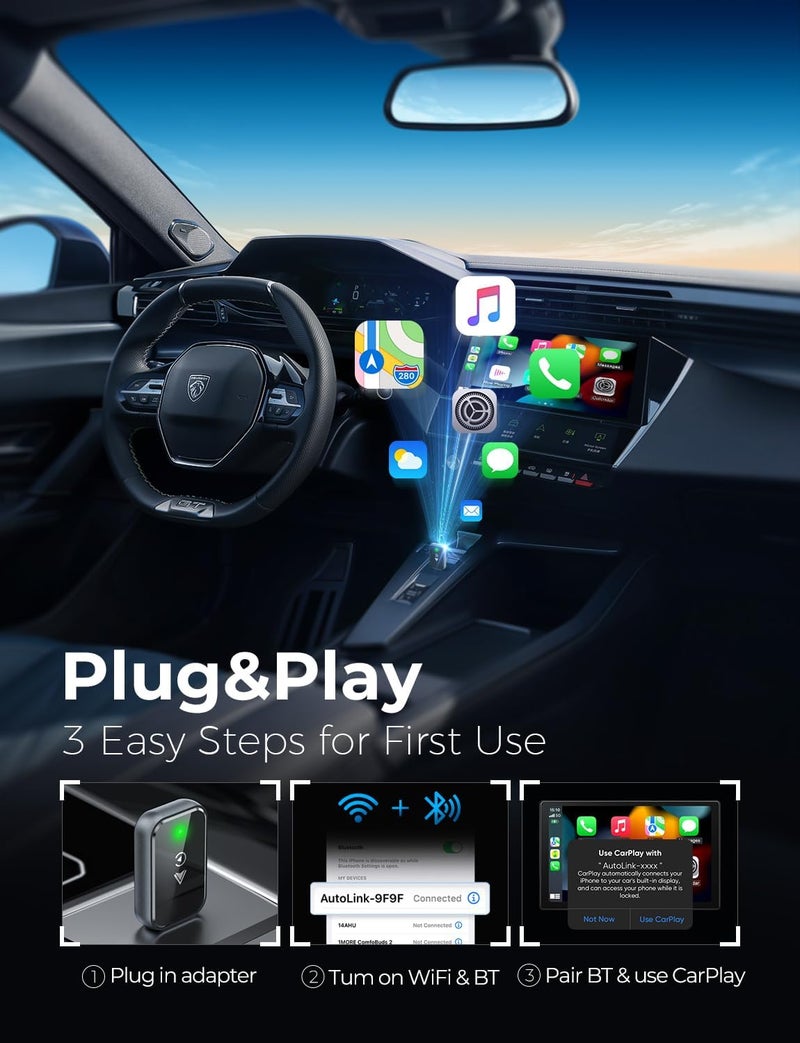 WISTAR 2-in-1 Wireless CarPlay Adapter for iPhone/Android Convert Wired to Wireless Apple CarPlay Adapter, Mini Size with Extension Cable USB & USB-C/Type-C, Stable Control & No Delay, Black - Image 4