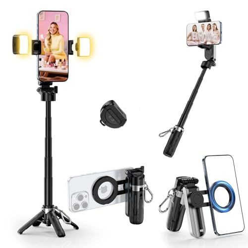 CloudValley Magnetic Mini Selfie Stick Tripod with 2 Fill Lights 3in1 Pocket Size Phone Tripod with 360 Rotation Foldable Grip Detachable Bluetooth Remote - Image 1