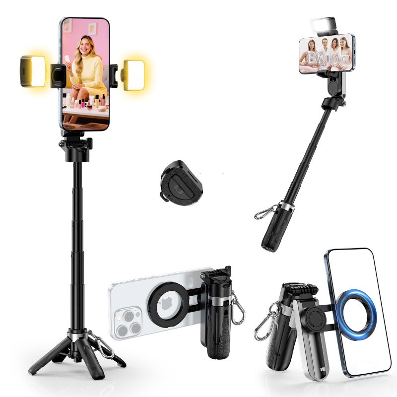 CloudValley Magnetic Mini Selfie Stick Tripod with 2 Fill Lights 3in1 Pocket Size Phone Tripod with 360 Rotation Foldable Grip Detachable Bluetooth Remote - Image 2