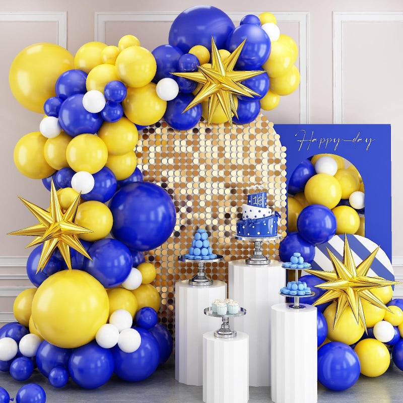 Biapian Blue and Yellow Balloon Arch Kit Royal Blue White Yellow Balloon Garland Kit Latex Baloons with 4D Foil Star Balloons for Baby Shower Anniversary Birthday Wedding Graduation Office Party DIY - Image 2