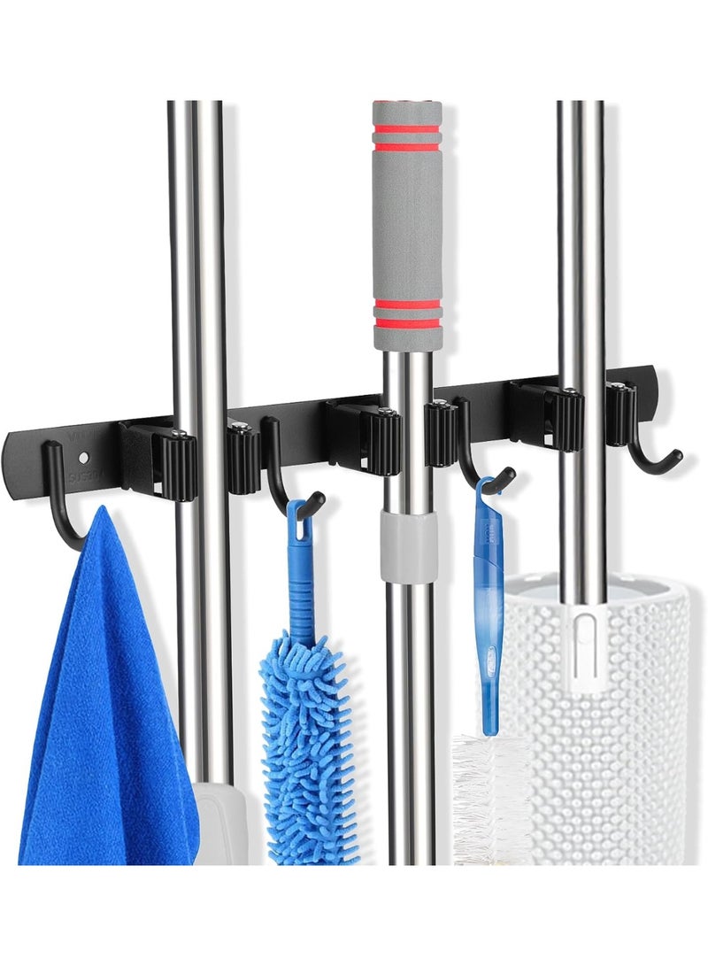 Wall Mounted Mop & Broom Holder with 3 Racks 4 Hooks, Heavy Duty Self Adhesive 304 Stainless Steel Tool Organizer for Kitchen Garden Laundry Garage - Image 2