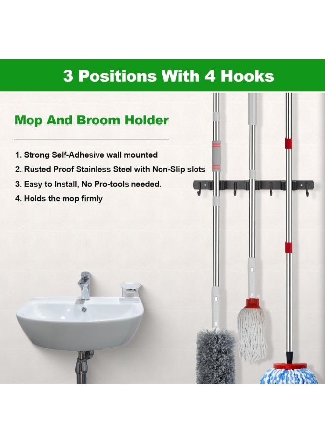 Wall Mounted Mop & Broom Holder with 3 Racks 4 Hooks, Heavy Duty Self Adhesive 304 Stainless Steel Tool Organizer for Kitchen Garden Laundry Garage - Image 1
