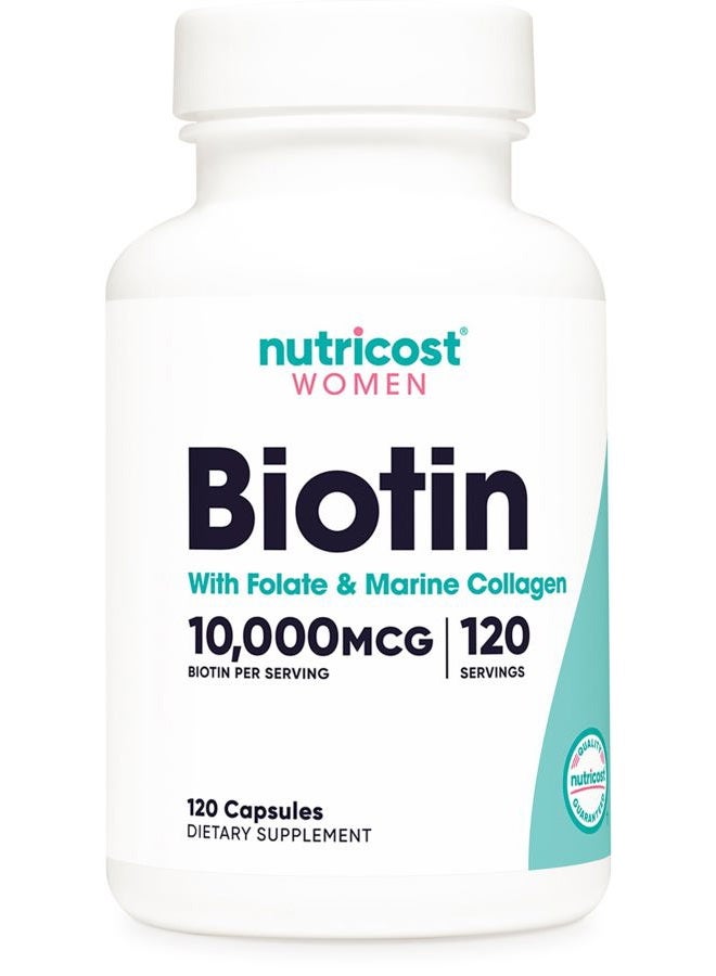 Nutricost Biotin for Women 10,000mcg 120 Capsules - with Folate & Collagen, Gluten Free & Non-GMO - Image 1