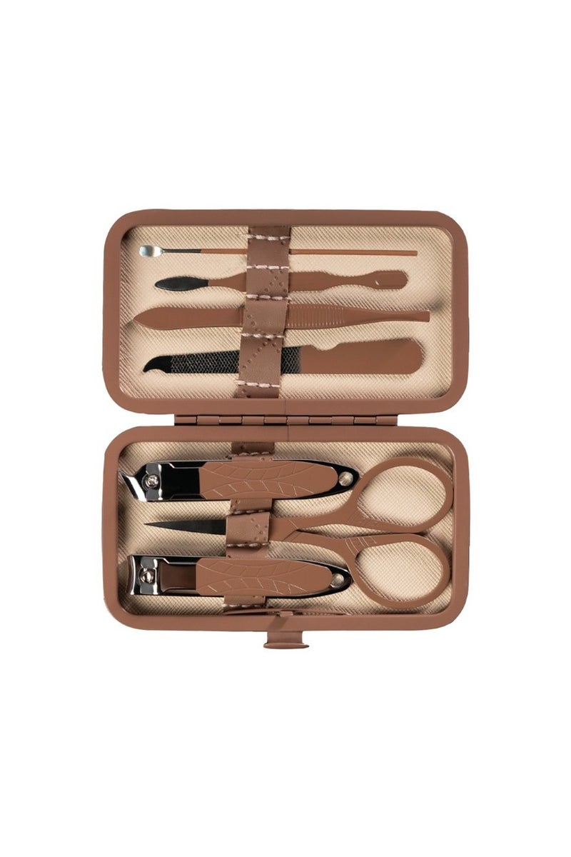 GREEN LION 7 in 1 Manicure Kit with Stainless Steel Material / Nail Clipper / Nail Cleaner / Compact & Travel-Friendly Case / large nail clipper / small nail clipper / cuticle pusher / nail scissors / nail cleaner / tweezers / ear pick - Brown - Image 1