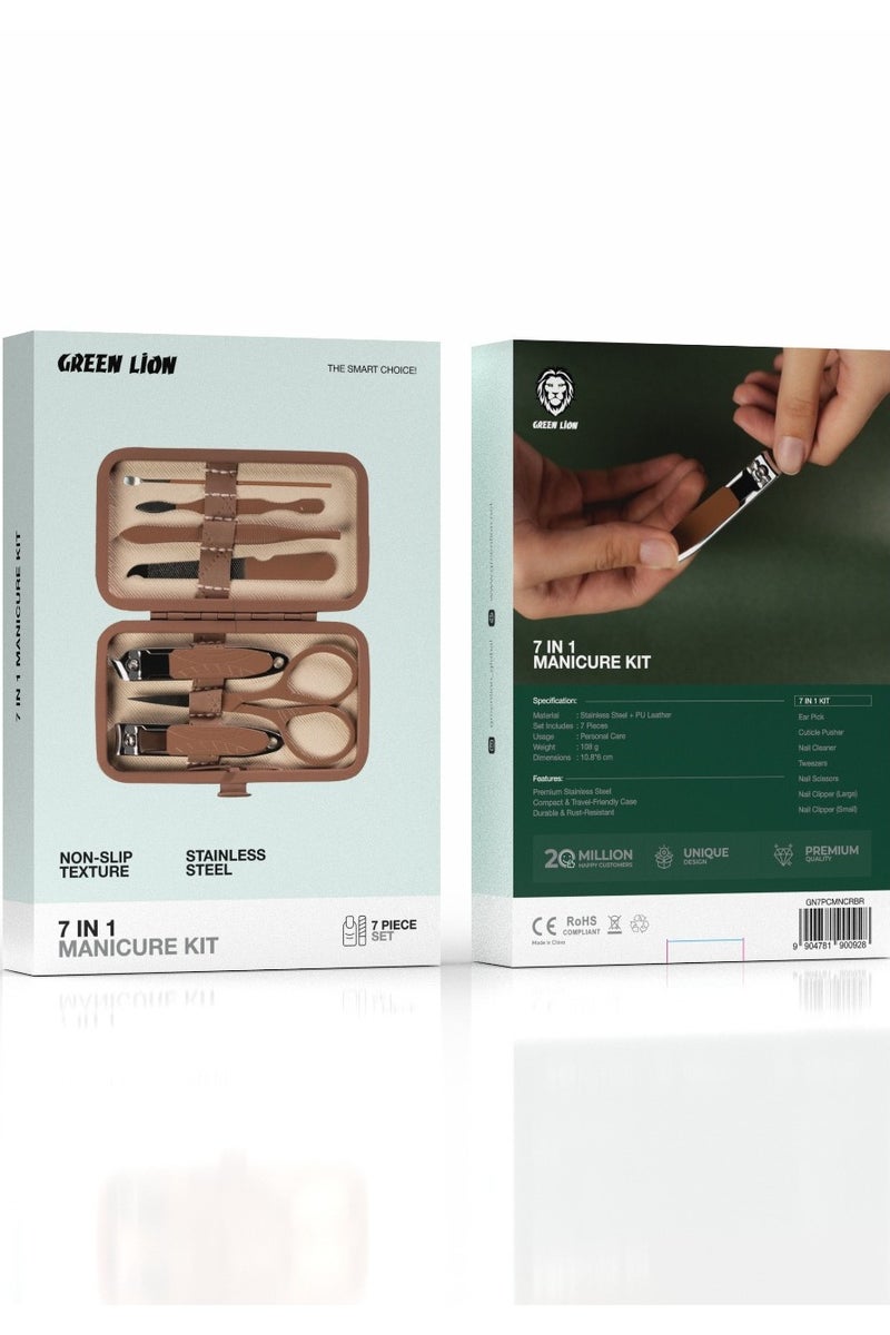 GREEN LION 7 in 1 Manicure Kit with Stainless Steel Material / Nail Clipper / Nail Cleaner / Compact & Travel-Friendly Case / large nail clipper / small nail clipper / cuticle pusher / nail scissors / nail cleaner / tweezers / ear pick - Brown - Image 3