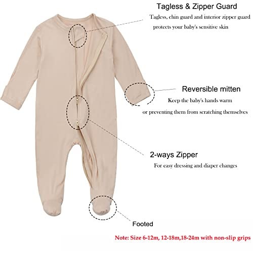 Aablexema Baby Zipper Pajamas Bamboo Rayon, 3pcs Unisex Infant Onesie with Mitten Long Sleeve Footed Pjs(Beige & Pink & Purple,3-6m) - Image 3