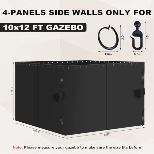 slashome 10'x12' Gazebo Curtains Outdoor Waterproof, Black Universal Replacement Curtain 4-Panels, Sidewalls with Zipper for Garden, Patio, Yard (Only Curtains) - Image 2