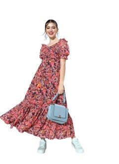 Miss Chase Miss Chase Women's Multicolored-Base-Wine V-Neck Puff Sleeve Floral Ruching Ankle-Length Dress (MCAW21D06-35-252-03, Multicolored, S)  - Image 1