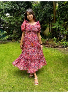 Miss Chase Miss Chase Women's Multicolored-Base-Wine V-Neck Puff Sleeve Floral Ruching Ankle-Length Dress (MCAW21D06-35-252-03, Multicolored, S)  - Image 2