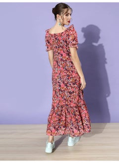 Miss Chase Miss Chase Women's Multicolored-Base-Wine V-Neck Puff Sleeve Floral Ruching Ankle-Length Dress (MCAW21D06-35-252-03, Multicolored, S)  - Image 5