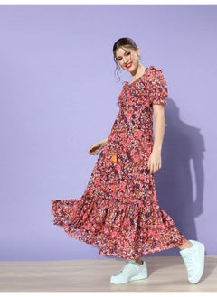 Miss Chase Miss Chase Women's Multicolored-Base-Wine V-Neck Puff Sleeve Floral Ruching Ankle-Length Dress (MCAW21D06-35-252-03, Multicolored, S)  - Image 3