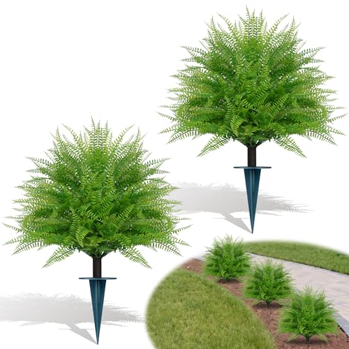 Yangrass Artificial Outdoor Fern Topiary Trees with Ground Spikes, Set of 2 Lifelike Faux Greenery Bush Fake Shrubs Indoor, UV Resistant Artificial Fern Plants for Front Porch Patio Garden Decor - Image 1