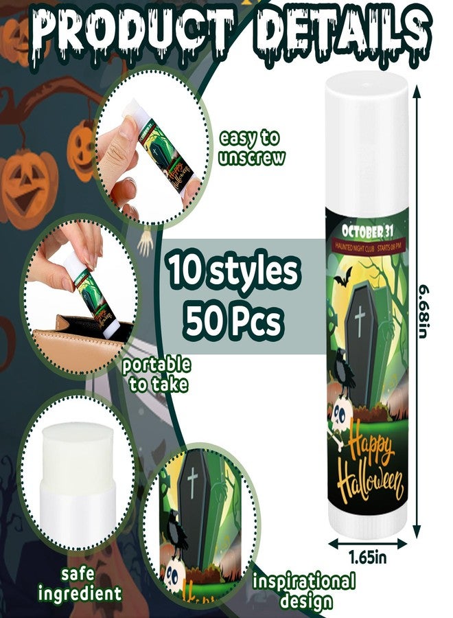 Dunzy 50 Pcs Halloween Lip Balm Bulk Spooky Lip Balm Gifts Bulk Vintage Halloween Wedding Favors Halloween Stuffers for Adults Halloween Party Supplies for Baby Shower, 10 Style, 5 Fruit Flavors - Image 2