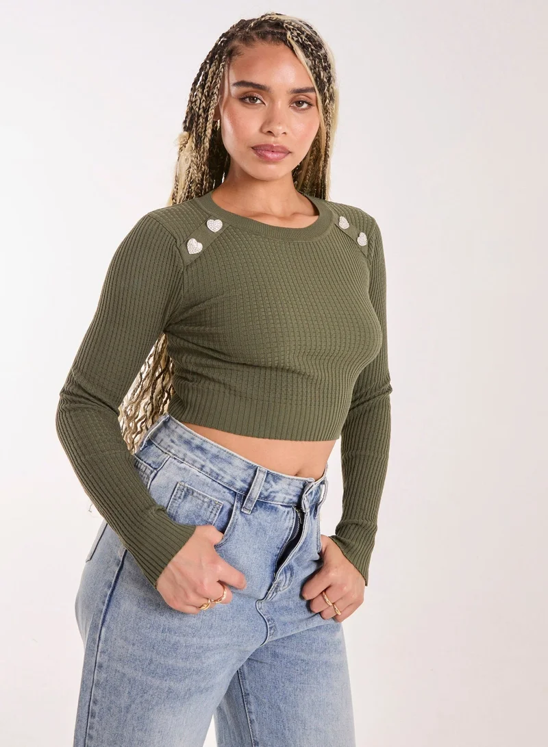 Pink Vanilla Heart Embellishment Rib Knit Top