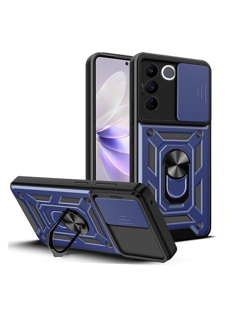 TEAM LUXURY vivo V27 5G/V27 Pro 5G Mobile Phone Case Cover, Slide Camera Lens Cover + 360°Rotating Kickstand Ring + Bumper Shockproof Phone Case 