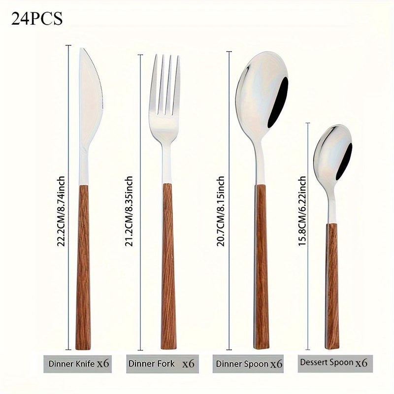 24pc Stainless Steel Cutlery Set Mirror Polish Wood Grain Handle 6 Person Dining Knives Fork Gift Box - Image 3