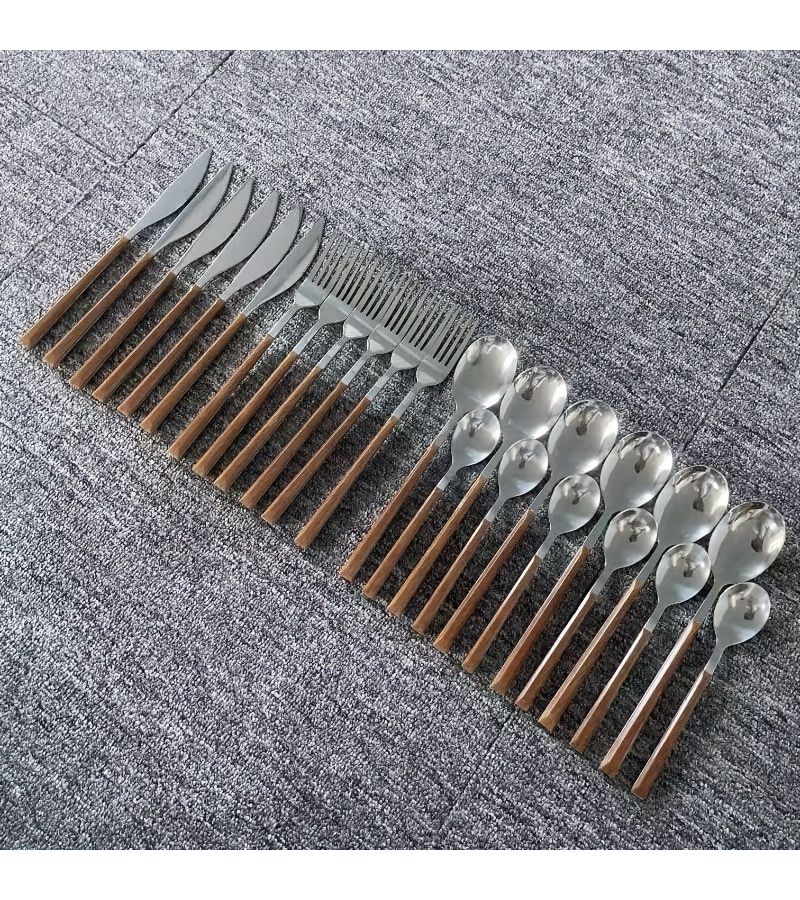 24pc Stainless Steel Cutlery Set Mirror Polish Wood Grain Handle 6 Person Dining Knives Fork Gift Box - Image 4