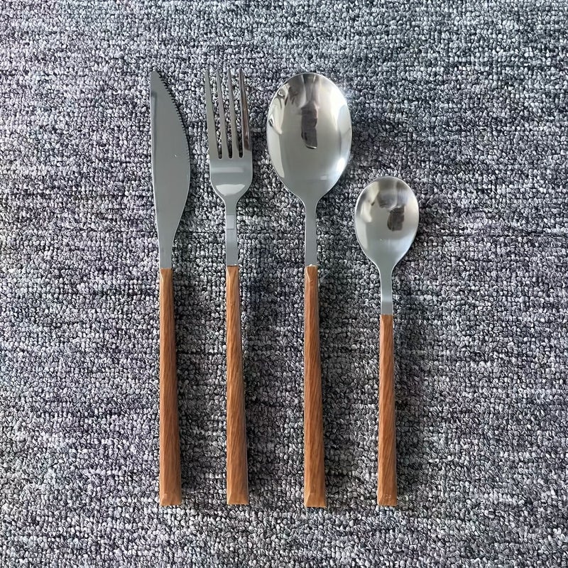 24pc Stainless Steel Cutlery Set Mirror Polish Wood Grain Handle 6 Person Dining Knives Fork Gift Box - Image 1