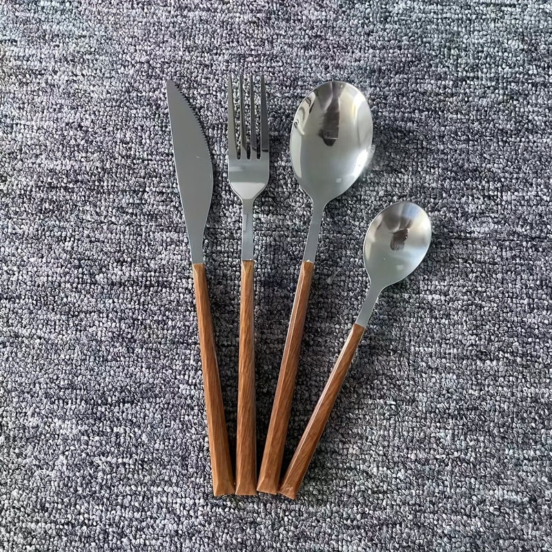 24pc Stainless Steel Cutlery Set Mirror Polish Wood Grain Handle 6 Person Dining Knives Fork Gift Box - Image 5