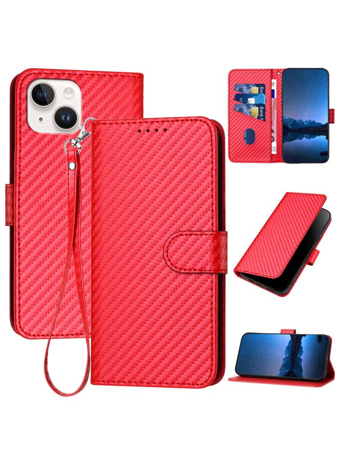 زبون جراب هاتف iPhone 13 mini YX0070 مصنوع من ألياف الكربون ومشبك من الجلد مع حبل - Image 1