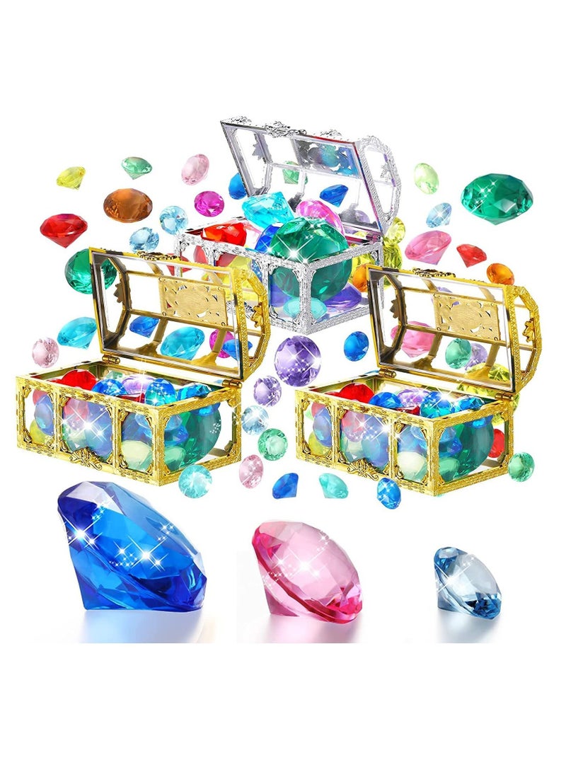 24 Diving Gems Pool Toys with 3 Treasures Pirate Box, Summer Swimming Teaching Colorful Sinking Underwater Gem Dive Throw Toy - Image 1