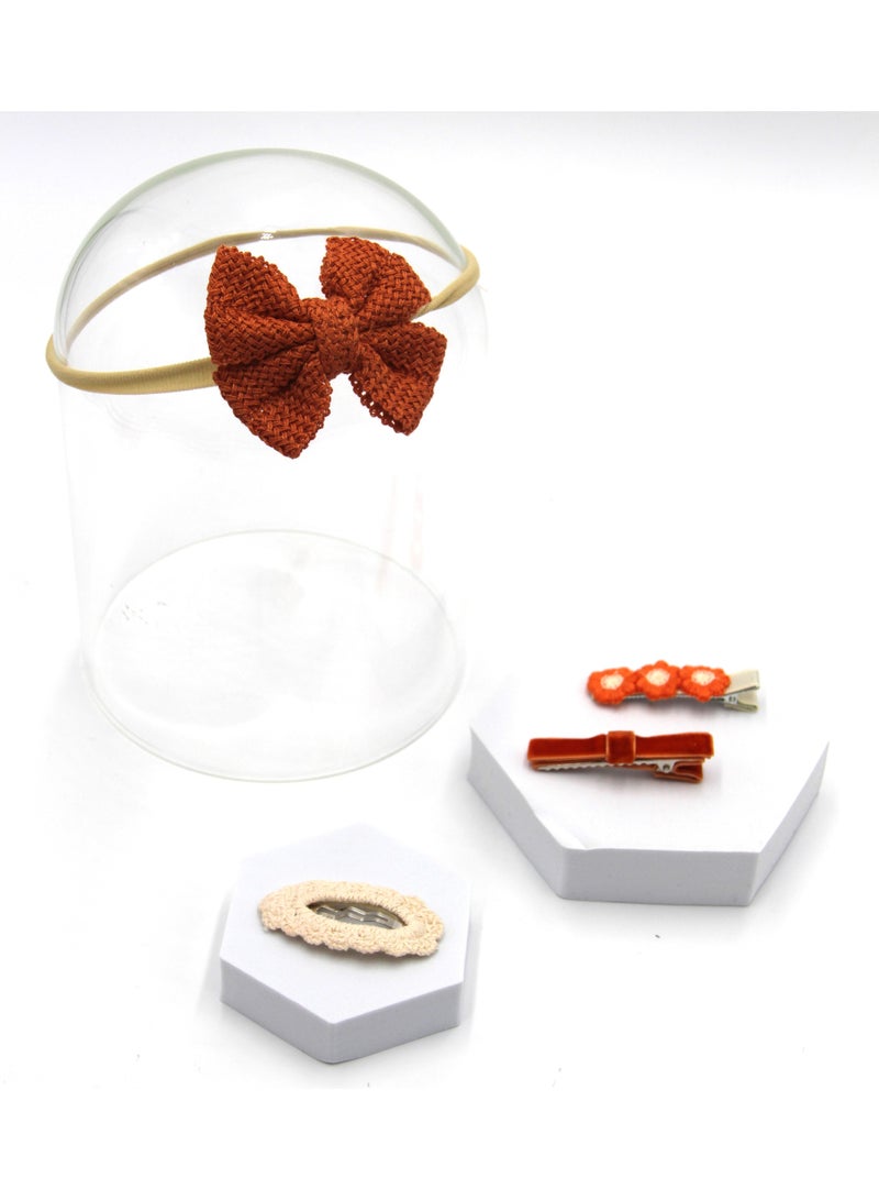 دىدانيالا طقم مشابك شعر فيونكة بشريط إيرا مع ربطة شعر للأطفال والبنات - برتقالي داكن - Image 3