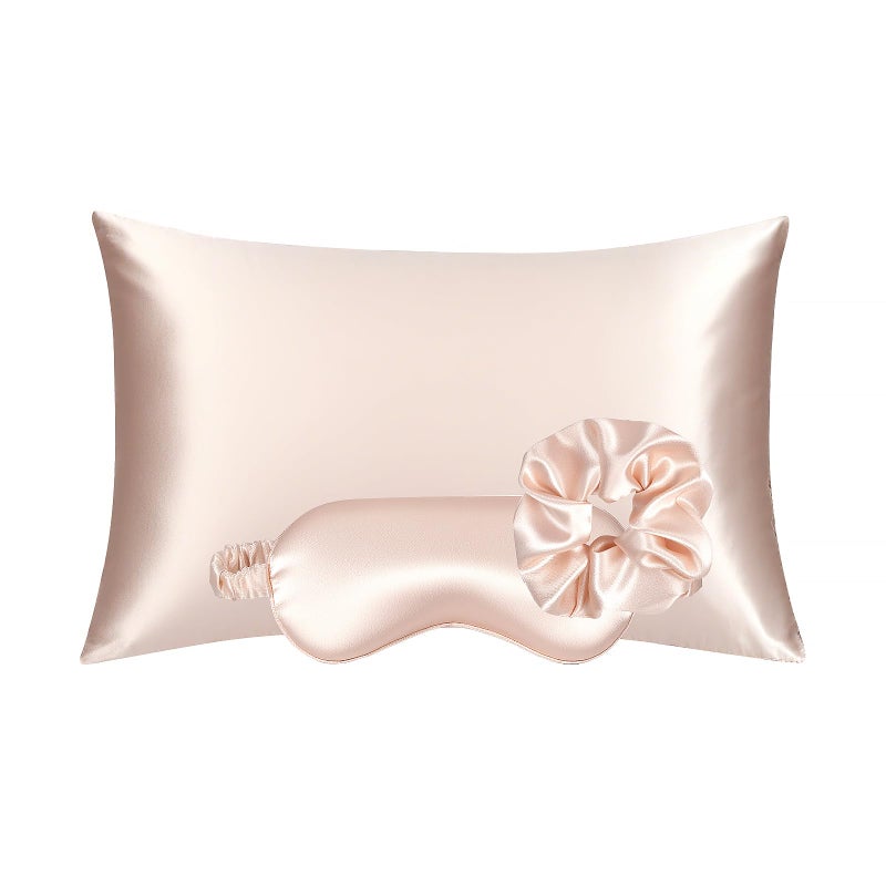KISMETICS - Vegan Silk Sleep Set, Vegan Silk Pillowcase with Large Scrunchie and Eye Mask for Hair and Skin, Self Care Essential Satin Night Routine Kit (Light Pink Color) - Image 1
