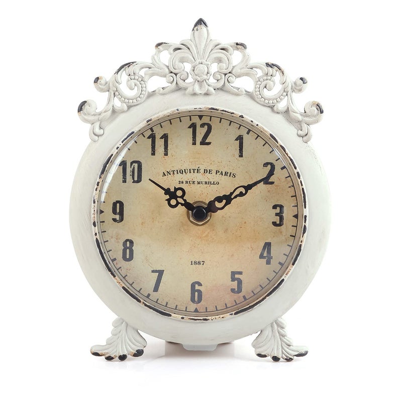 NIKKY HOME Small Vintage Table Clock Decorative Shelf Desk Top Clock Battery Operated Round French Design Farmhouse Home Decor for Bathroom Tabletop Desktop Countertop Rustic Beige