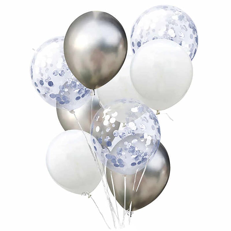 PARTY TIME  9 Pieces Set Chrome Latex Confetti Balloons with 1 Piece White Ribbon Roll for Birthday Party  Wedding Decoration Anniversary Bridal and Baby Shower Gold and White - Image 1