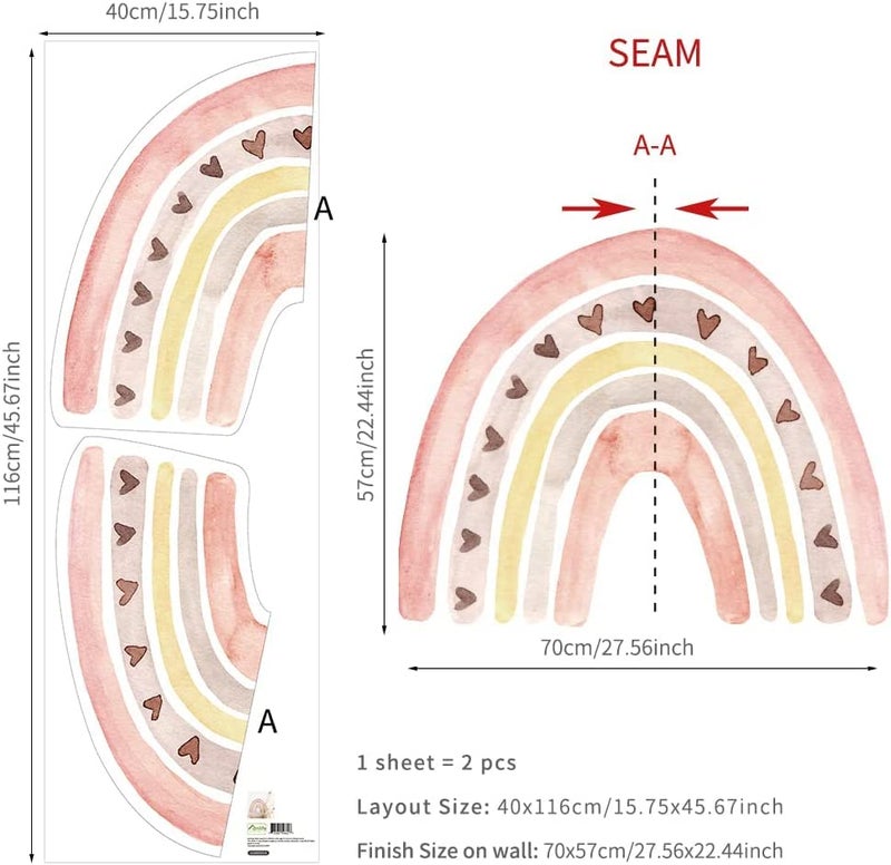 funlife Large Watercolor Rainbow Wall Decals Peel and Stick, Boho Yellow Sun Decal Boho Heart Wall Sticker for Girls Bedroom Decor, Kids Nursery Room Sunrise Playroom Wall Art Decor Decal - Image 3