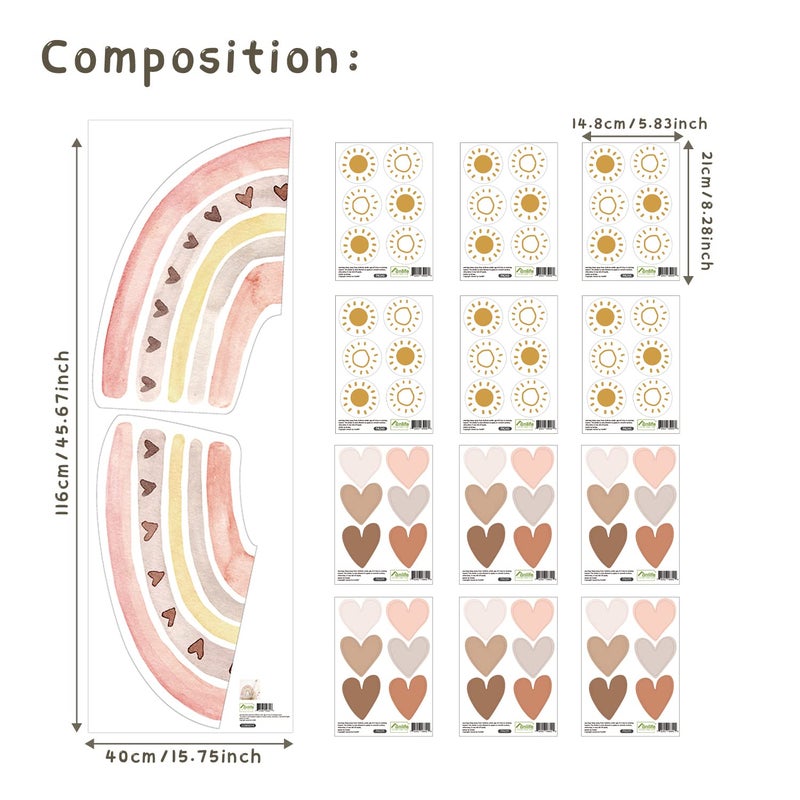 funlife Large Watercolor Rainbow Wall Decals Peel and Stick, Boho Yellow Sun Decal Boho Heart Wall Sticker for Girls Bedroom Decor, Kids Nursery Room Sunrise Playroom Wall Art Decor Decal - Image 2