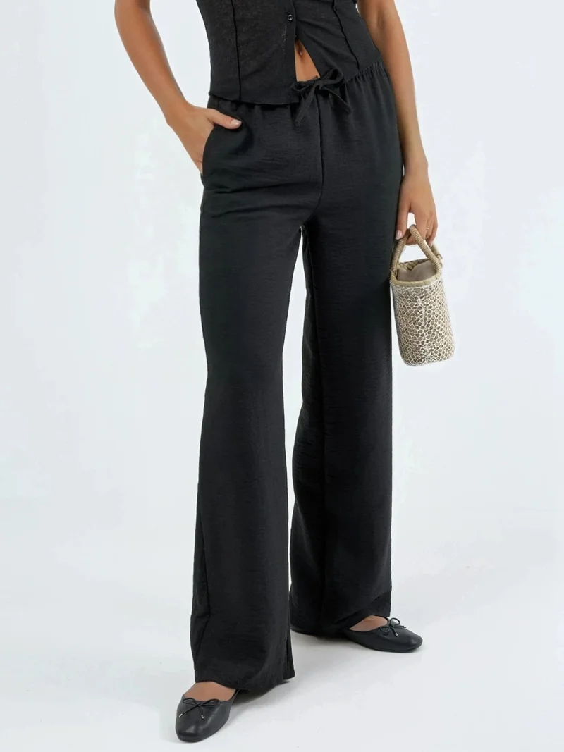 بوسيم BUSEM Textured Wide Leg Pants with Drawstring Waist