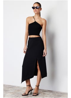 Black Asymmetric Cut Out and Slit Detail Maxi Skirt TWOSS24ET00043