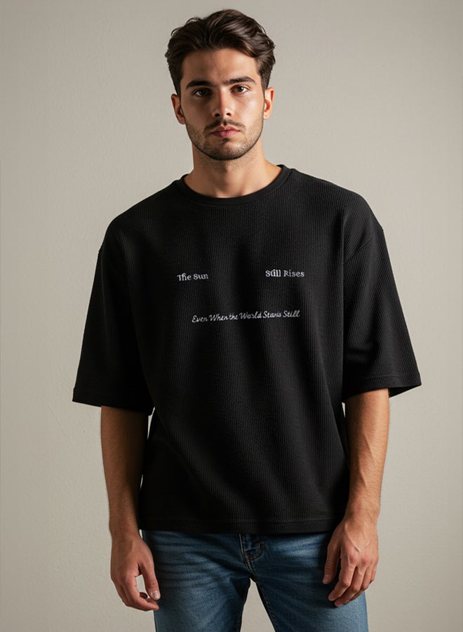 trendyol Black Oversize/Wide Cut Embroidered Textured T-Shirt - Image 1