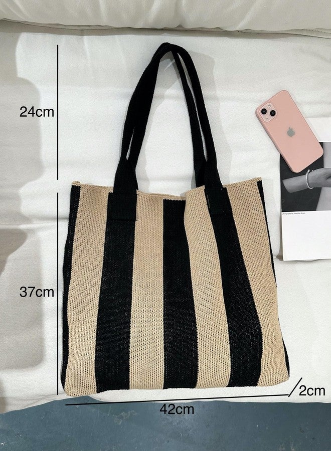 ENBEI Women's tote bags aesthetic Shoulder Handbags Hand crocheted Bags large Shoulder Shopping Bag large satchel cute Bag (Black and Khaki) - Image 4