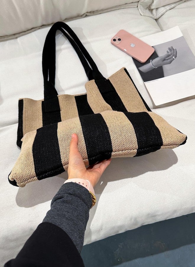 ENBEI Women's tote bags aesthetic Shoulder Handbags Hand crocheted Bags large Shoulder Shopping Bag large satchel cute Bag (Black and Khaki) - Image 2