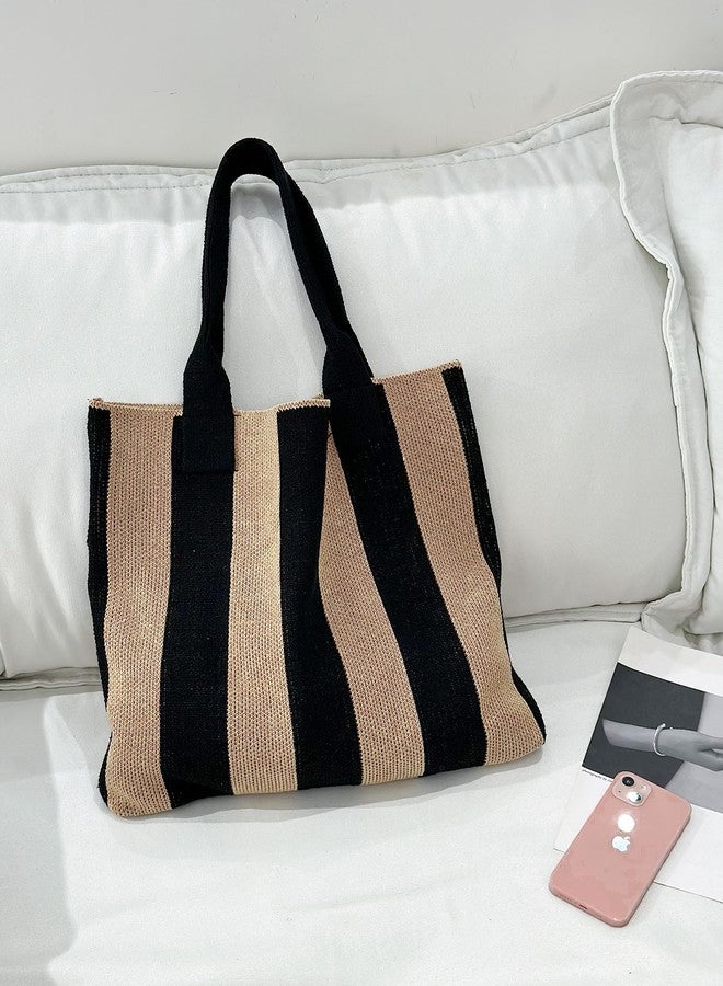 ENBEI Women's tote bags aesthetic Shoulder Handbags Hand crocheted Bags large Shoulder Shopping Bag large satchel cute Bag (Black and Khaki) - Image 5