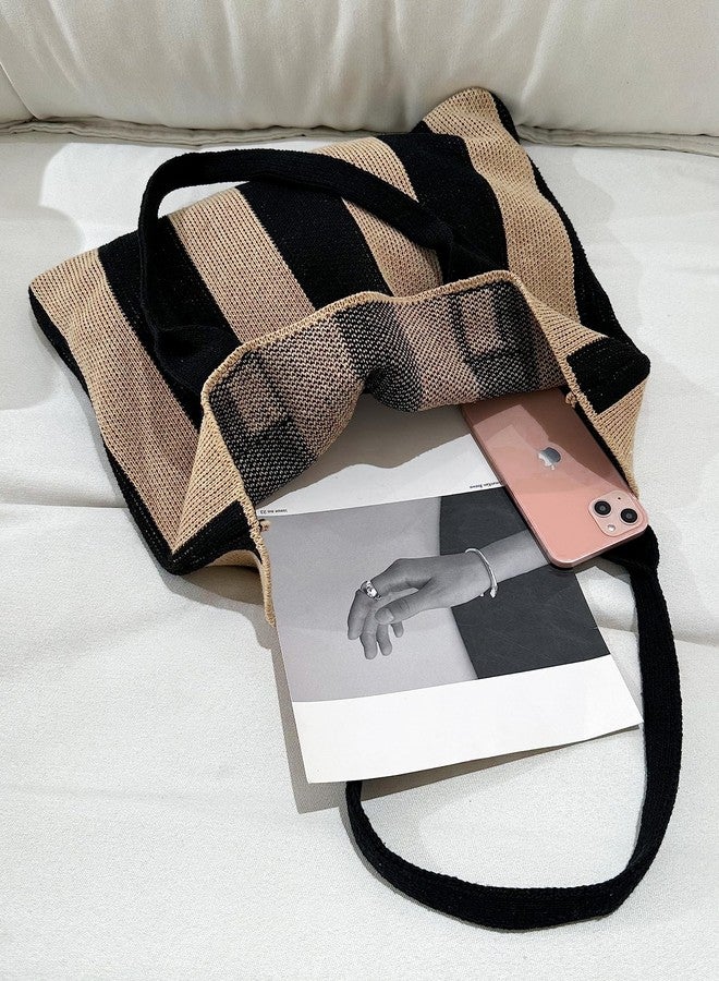 ENBEI Women's tote bags aesthetic Shoulder Handbags Hand crocheted Bags large Shoulder Shopping Bag large satchel cute Bag (Black and Khaki) - Image 3