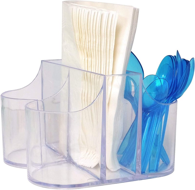 AMBSS SYS Home Collection 5 Compartment Classic Acrylic Napkin Holder with Cutlery Organizer Caddy Bin, For Spoons, Forks, Knives & Cups Divided Storage! - Image 2