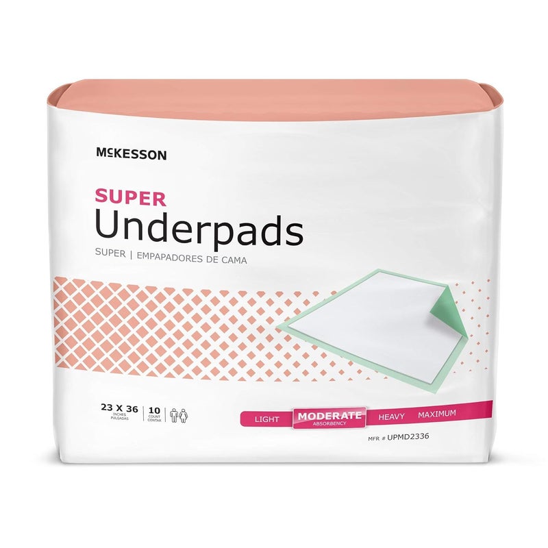 McKesson Super Underpads, Incontinence Bed Pads 23" x 36" [10 Count], Moderate Absorbency, Disposable Chux Pads for Adults, Elderly, and Baby, Pee Pads